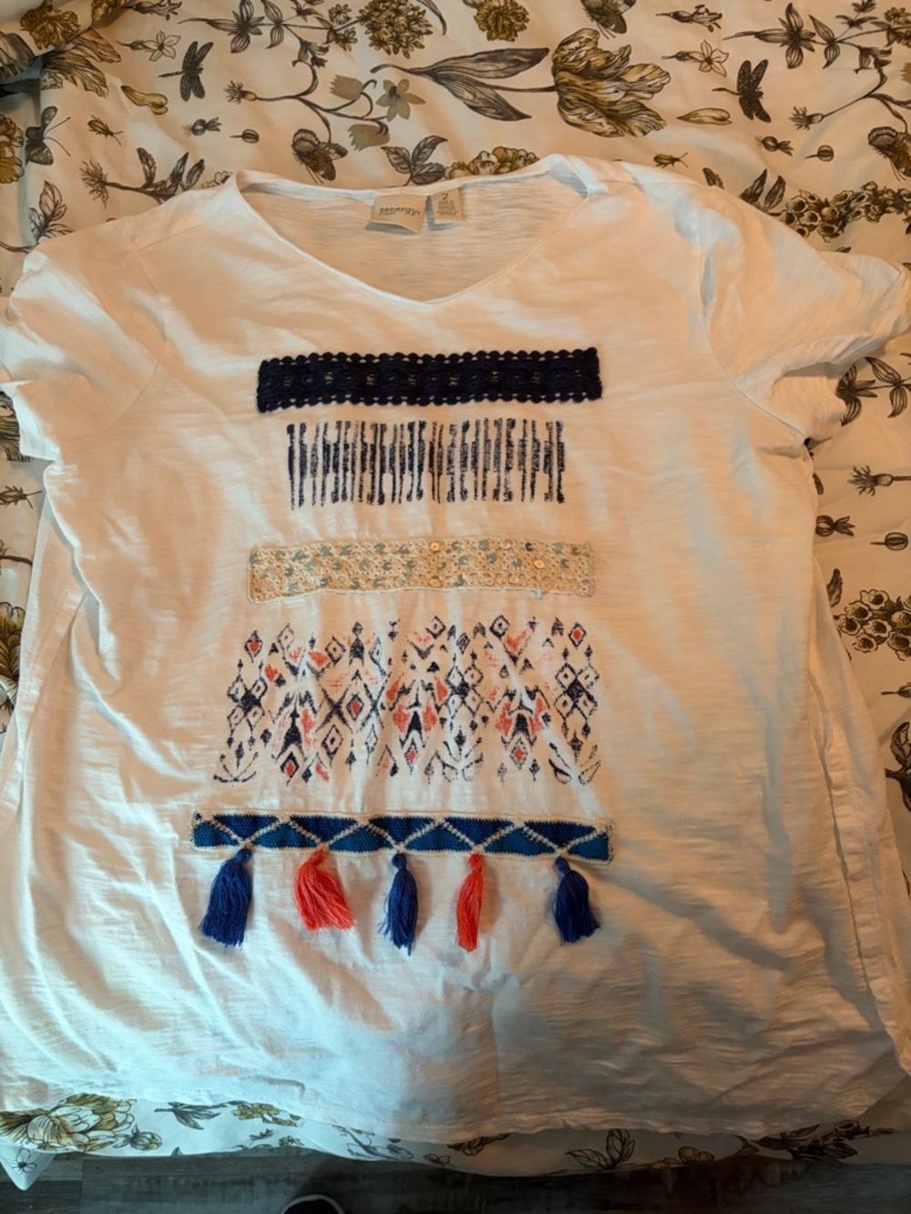 Zenergy by Chicos White Embroidered Tassel Tee with Blue & Coral Accents